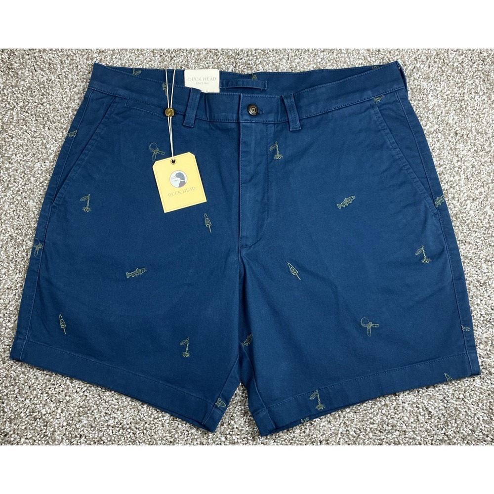 Duck Head Gold School Chino Shorts Embroidered Fish Size 32 Blue NEW